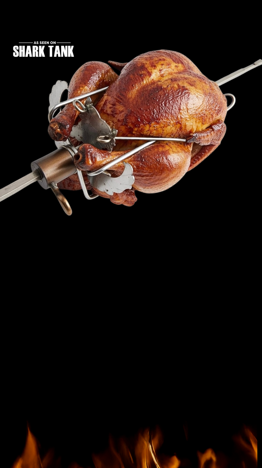 Grilled chicken on a skewer over flames on a Turbo Trusser with 'As Seen on Shark Tank' branding.